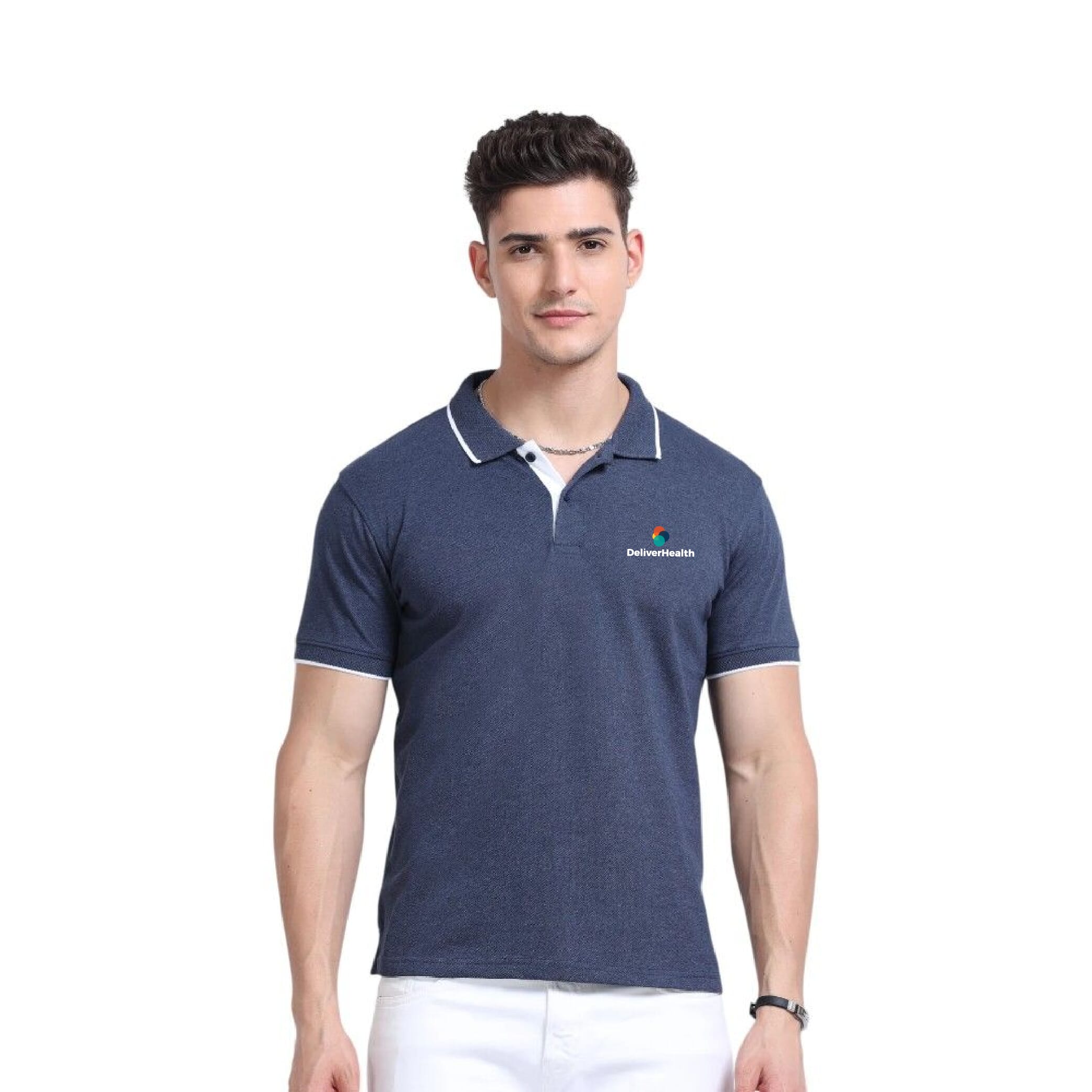 Greys&Blues EcoBlend Polo Tshirt- Navy Melange with White Tipping